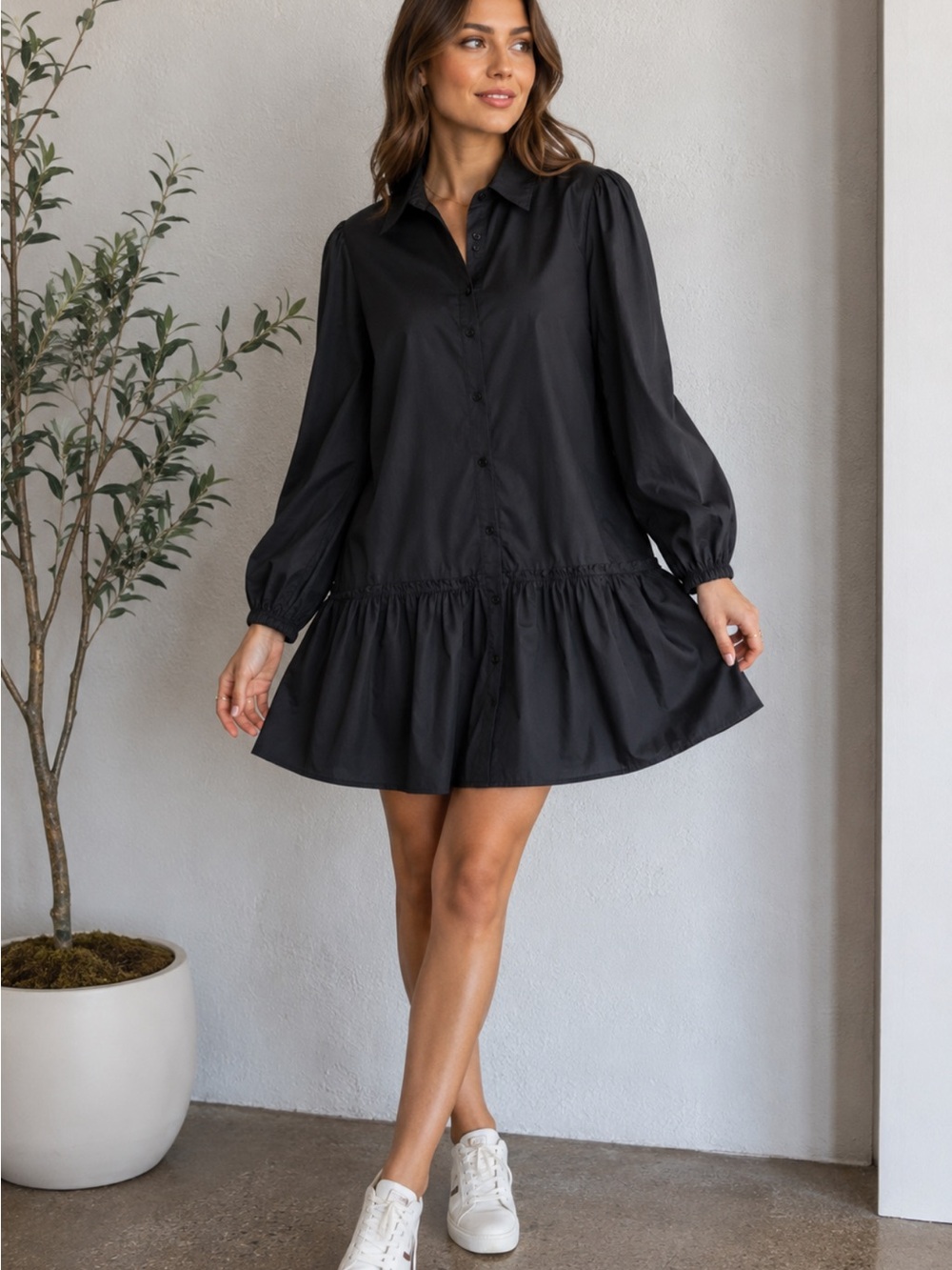 sundays Black Button-Front Mini Shirt Dress